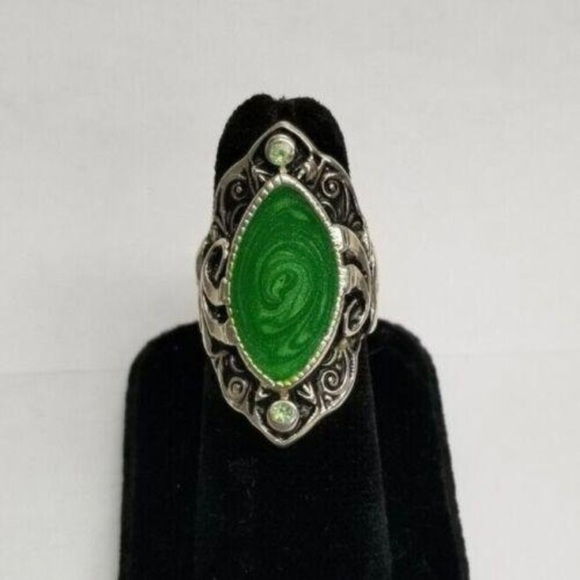 Sterling Silver Green Enamel Ring Size 6.5